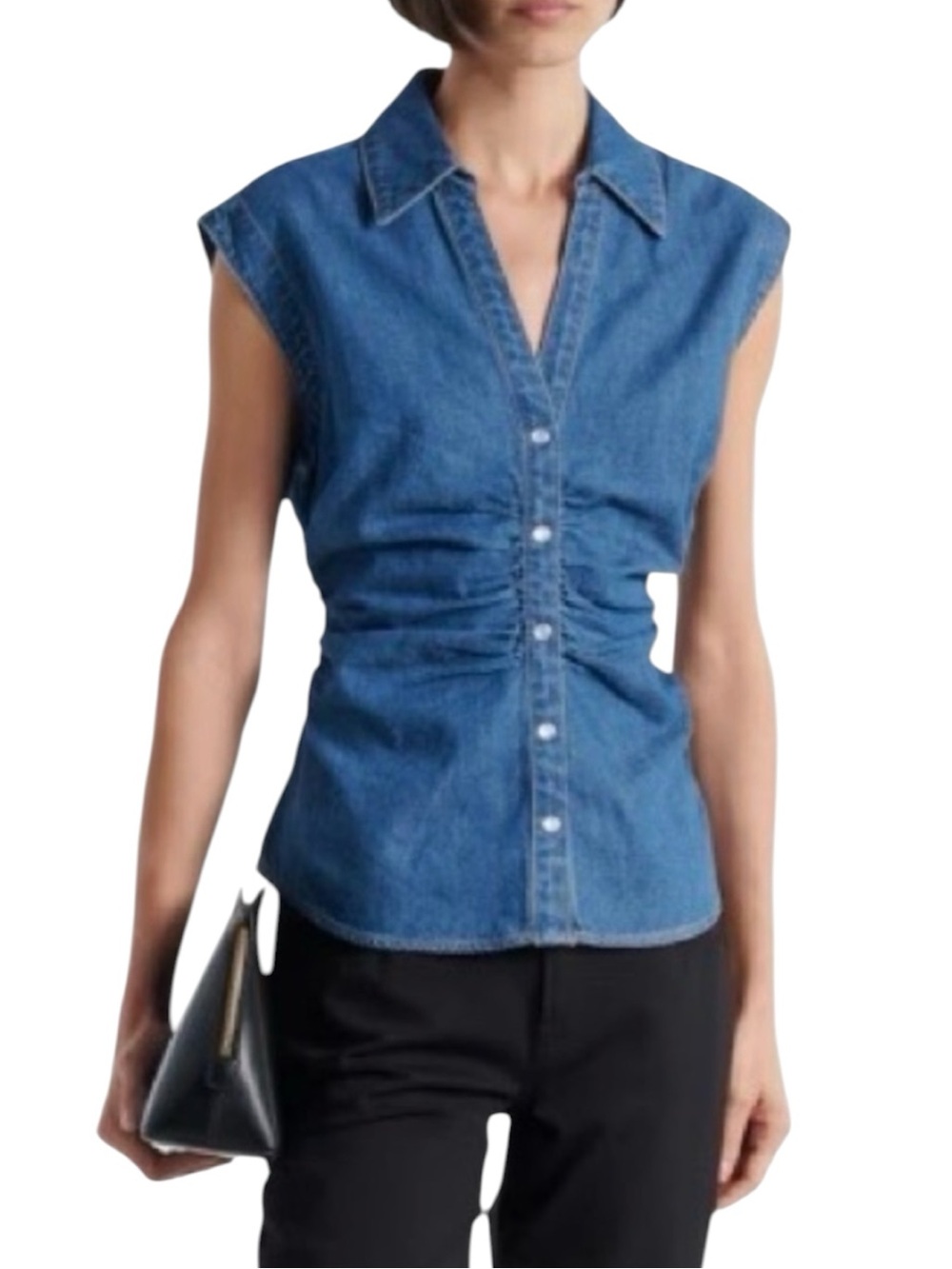 Veronica Beard Sera Blue Snap Front Denim Sleeveless Top Side Ruching Size 6